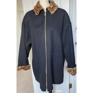 Leslie Fay Black Coat with Leopard Print Accents